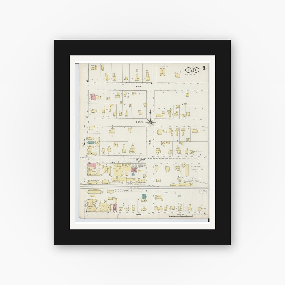 Old map wall art mockup — black gallery frame with white mat — Sanborn Fire Insurance Map from Ovid, Clinton County, Michigan (1895), Sheet #0003