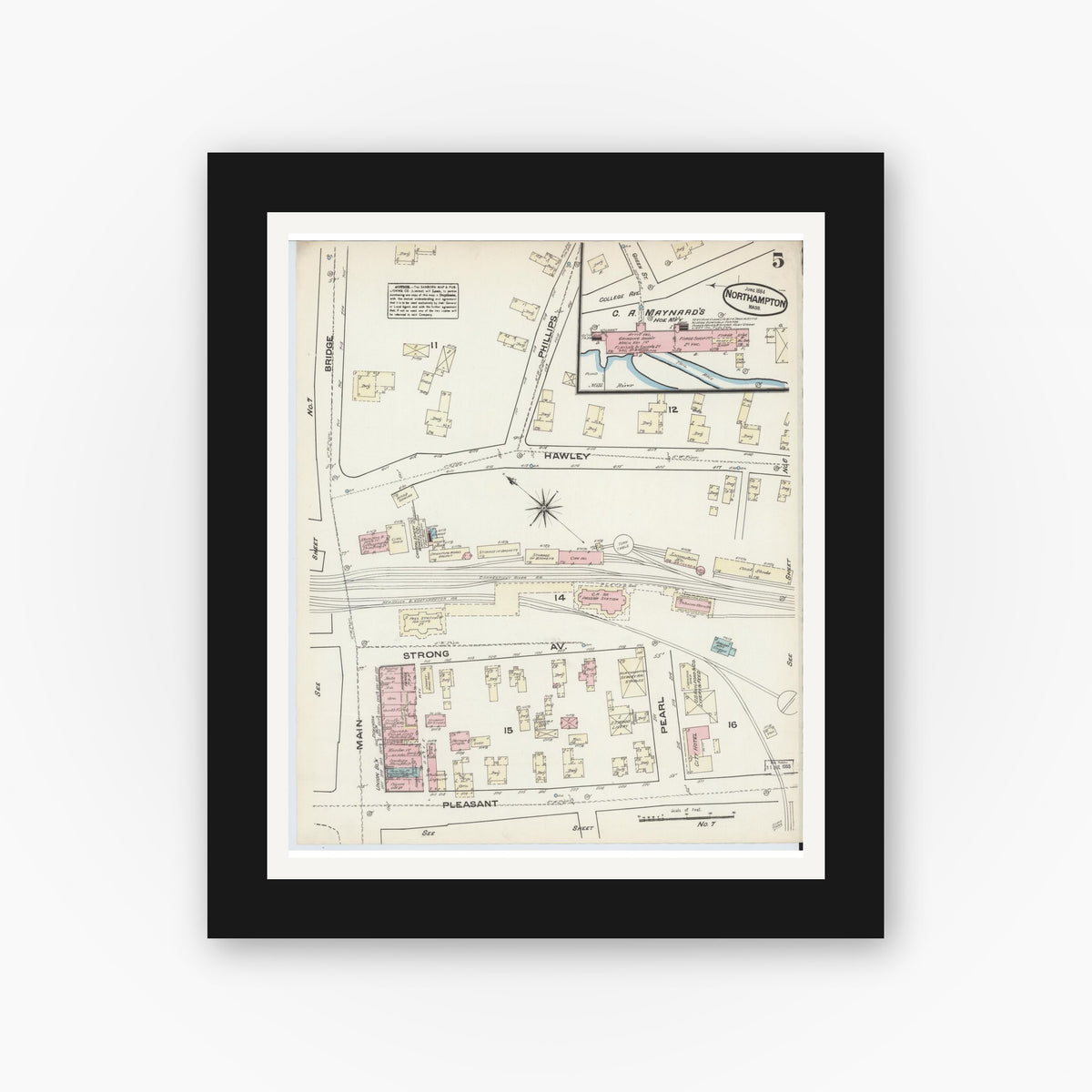 Old map wall art mockup — black gallery frame with white mat — Sanborn Fire Insurance Map from Northampton, Hampshire County, Massachusetts (1884), Sheet #0005