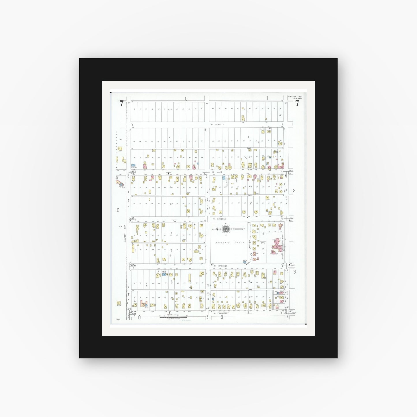 Old map wall art mockup — black gallery frame with white mat — Sanborn Fire Insurance Map from Minster, Auglaize County, Ohio (1951), Sheet #0007