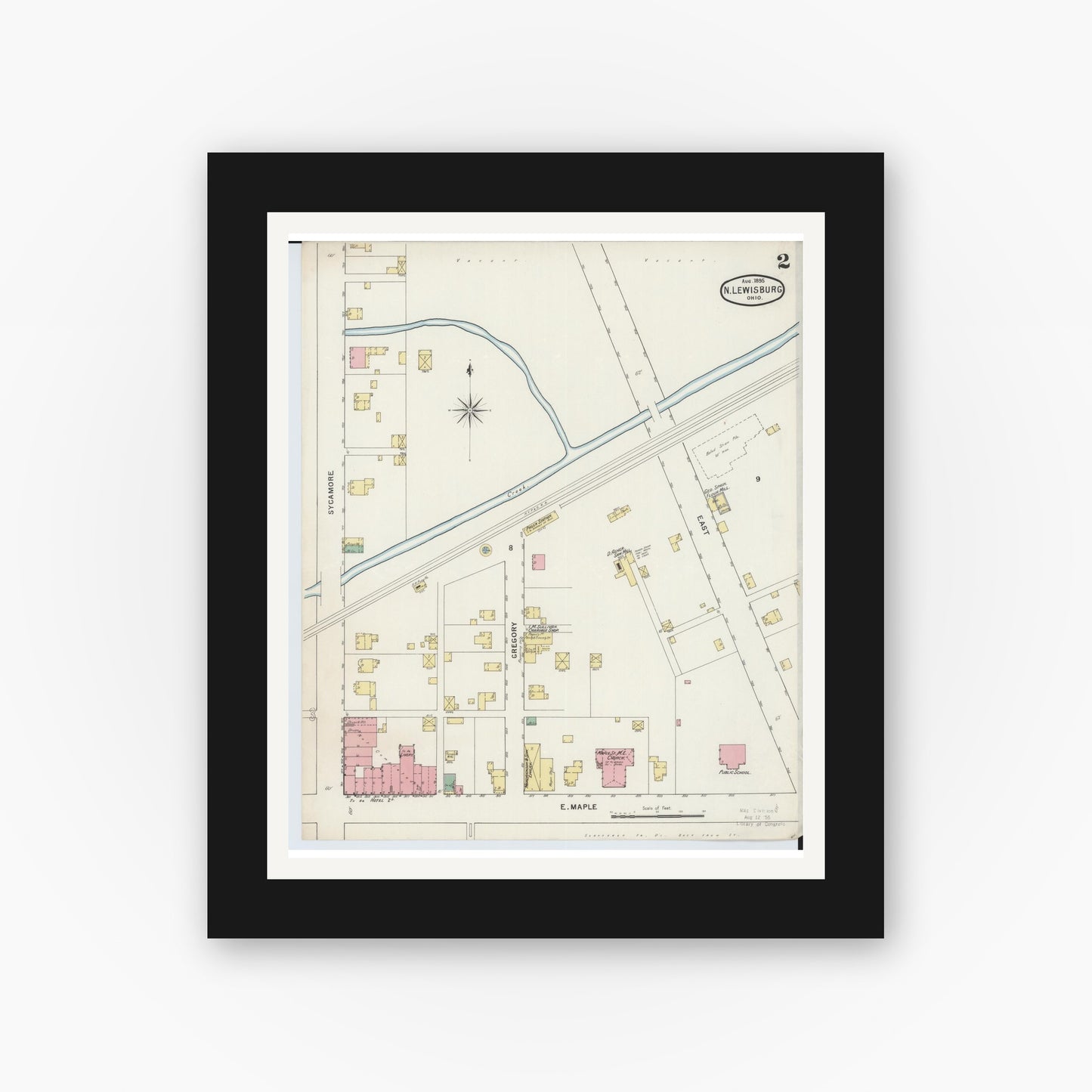 Old map wall art mockup — black gallery frame with white mat — Sanborn Fire Insurance Map from North Lewisburg, Champaign County, Ohio (1895), Sheet #0002