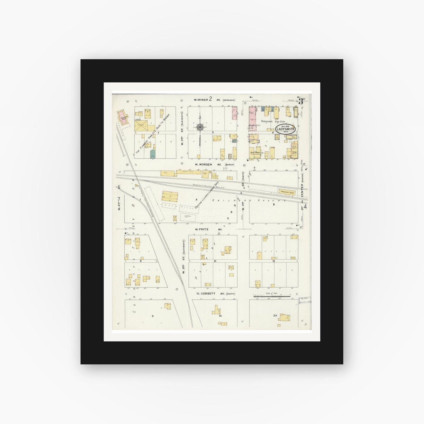 Old map wall art mockup — black gallery frame with white mat — Sanborn Fire Insurance Map from Ladysmith, Rusk County, Wisconsin (1909), Sheet #0003