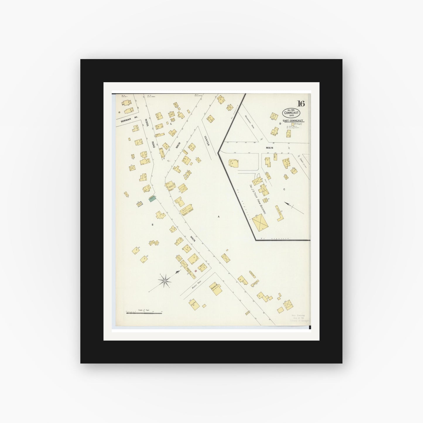 Old map wall art mockup — black gallery frame with white mat — Sanborn Fire Insurance Map from Conneaut, Ashtabula County, Ohio (1902), Sheet #0016
