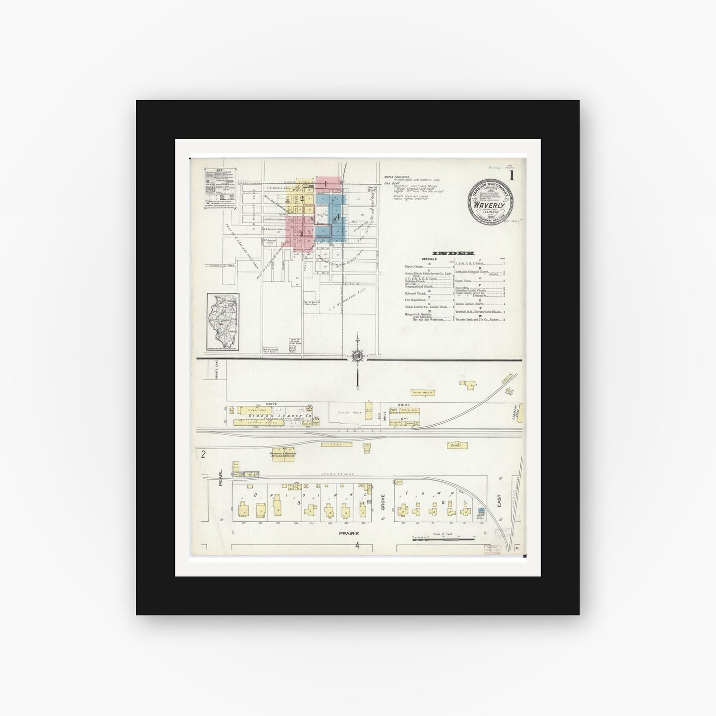 Old map wall art mockup — black gallery frame with white mat — Sanborn Fire Insurance Map from Waverly, Morgan County, Illinois (1914), Sheet #0001