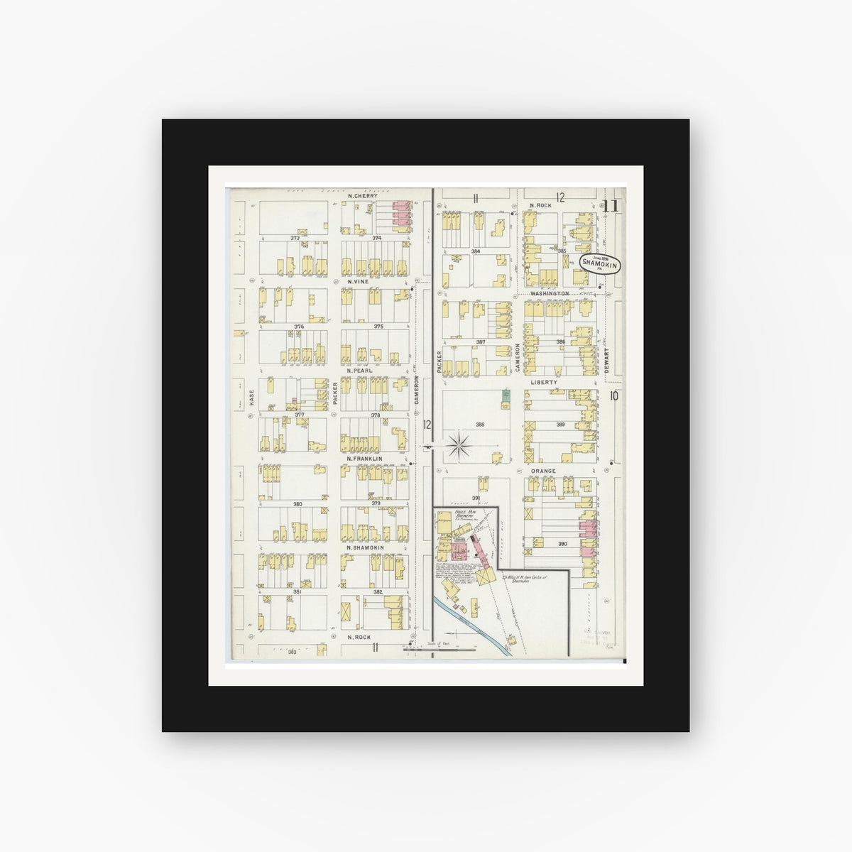 Old map wall art mockup — black gallery frame with white mat — Sanborn Fire Insurance Map from Shamokin, Northumberland County, Pennsylvania (1896), Sheet #0011