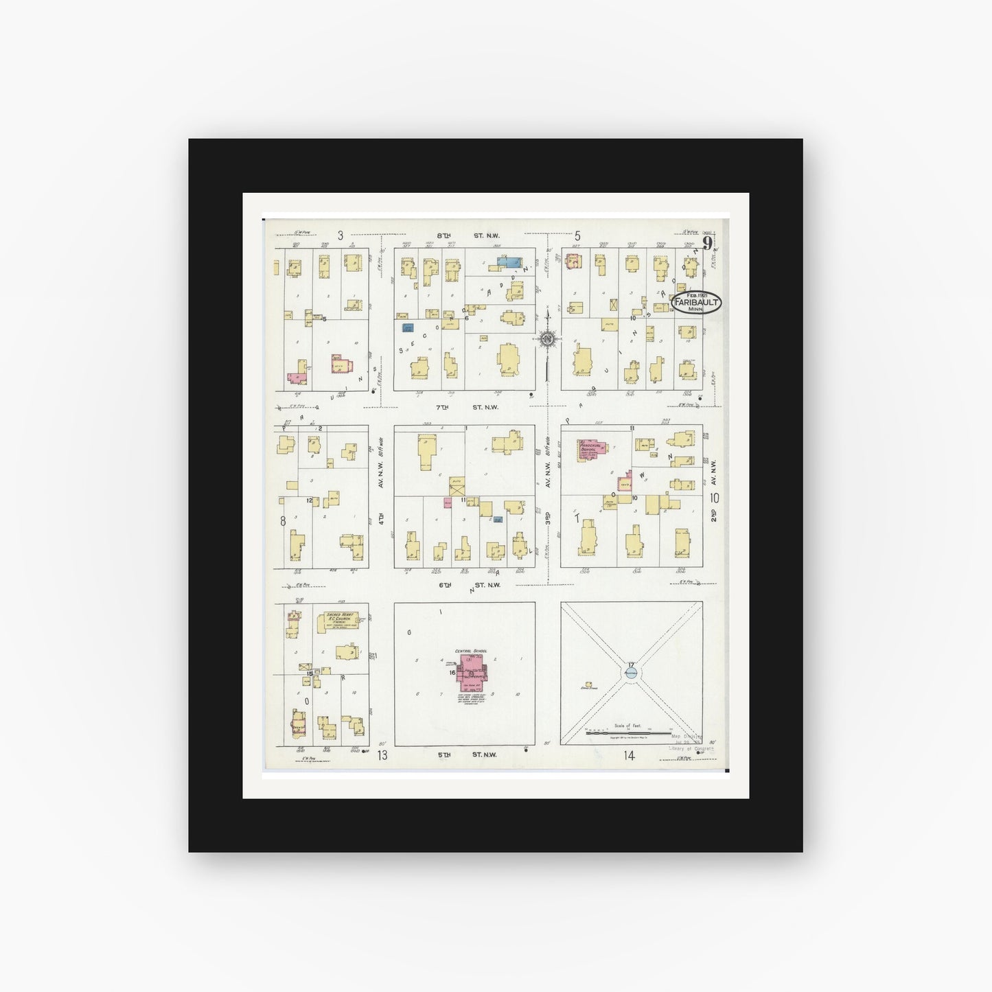 Old map wall art mockup — black gallery frame with white mat — Sanborn Fire Insurance Map from Faribault, Rice County, Minnesota (1921), Sheet #0009