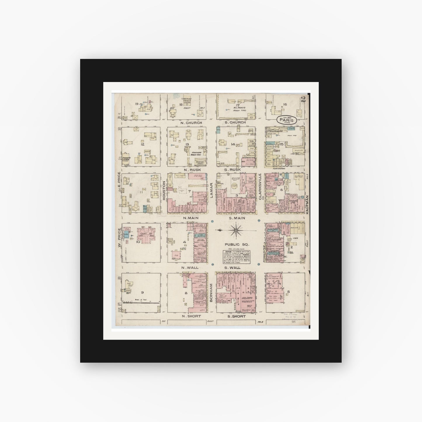 Old map wall art mockup — black gallery frame with white mat — Sanborn Fire Insurance Map from Paris, Lamar County, Texas (1885), Sheet #0002