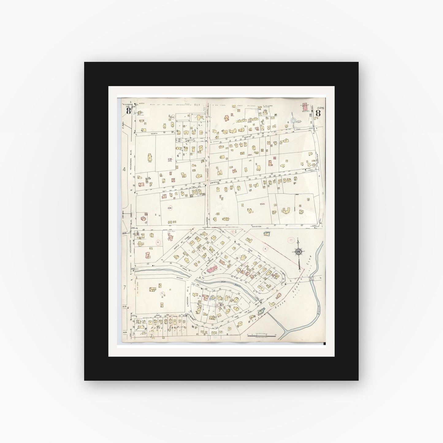 Old map wall art mockup — black gallery frame with white mat — Sanborn Fire Insurance Map from Kilgore, Gregg County, Texas (1950), Sheet #0008