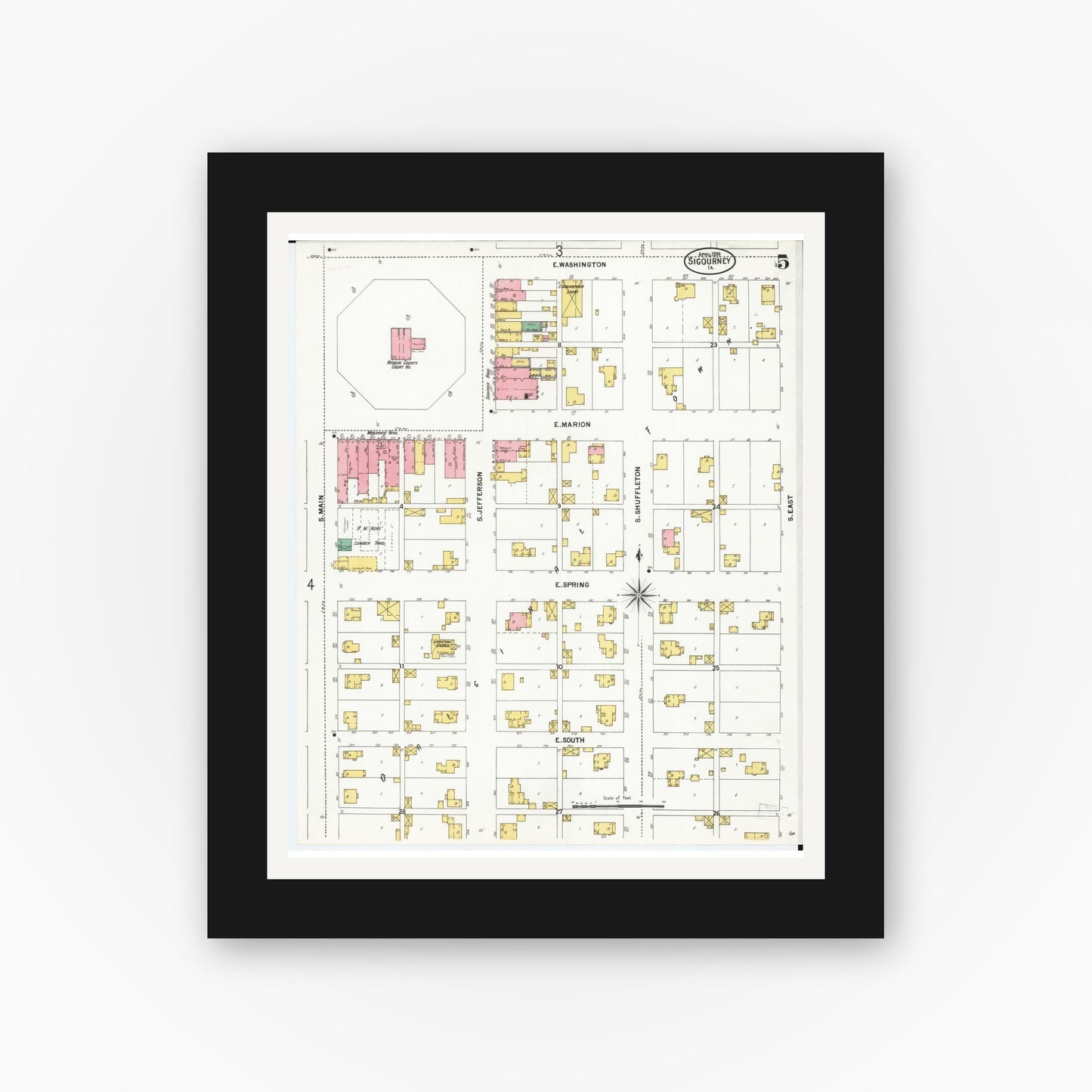 Old map wall art mockup β black gallery frame with white mat β Sanborn Fire Insurance Map from Sigourney, Kiokuk County, Iowa (1899), Sheet #0005