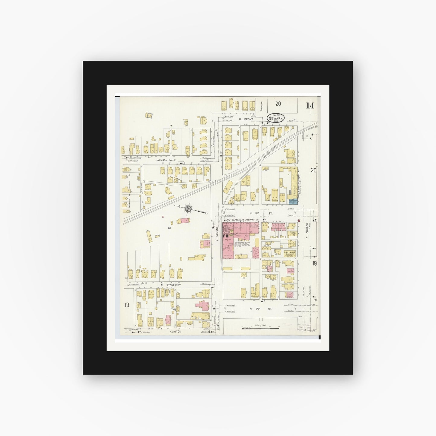Old map wall art mockup — black gallery frame with white mat — Sanborn Fire Insurance Map from Newark, Licking County, Ohio (1912), Sheet #0014