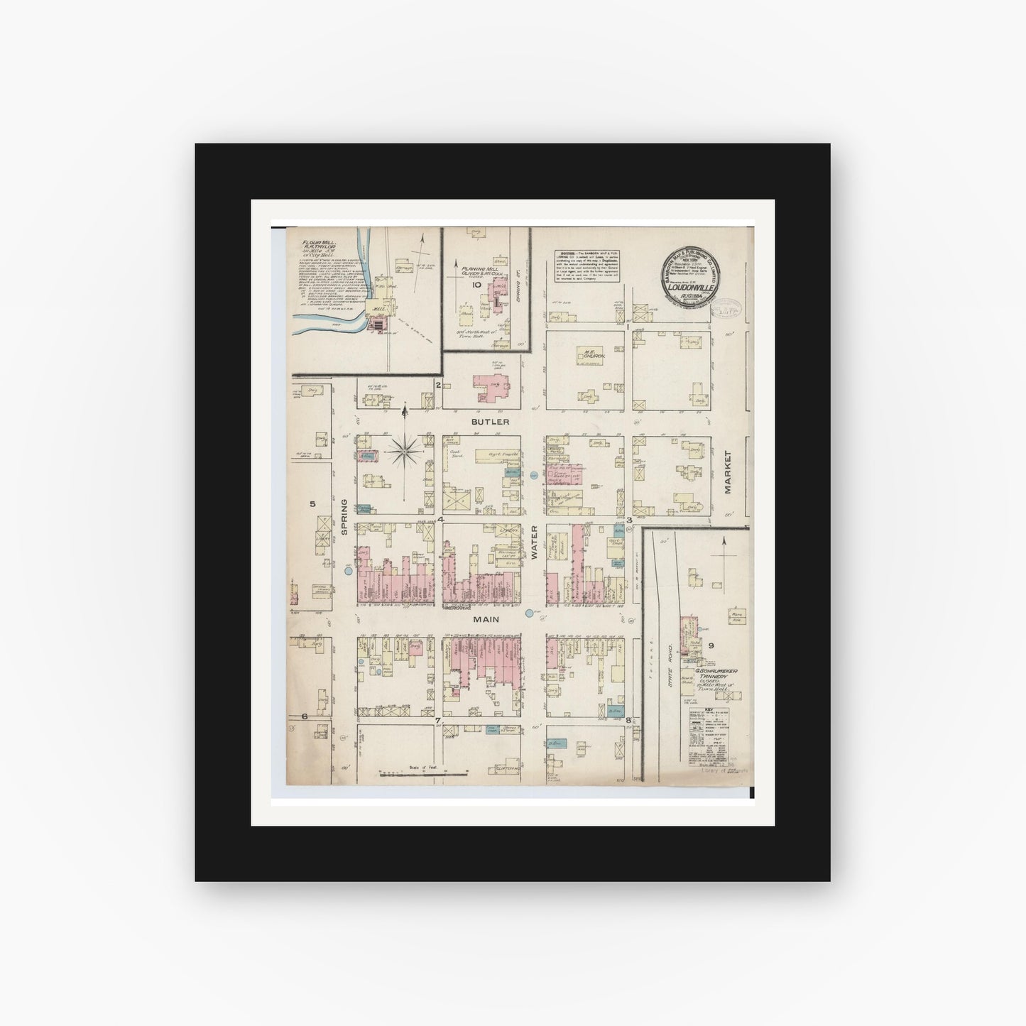 Old map wall art mockup — black gallery frame with white mat — Sanborn Fire Insurance Map from Loudonville, Ashland County, Ohio (1884), Sheet #0001