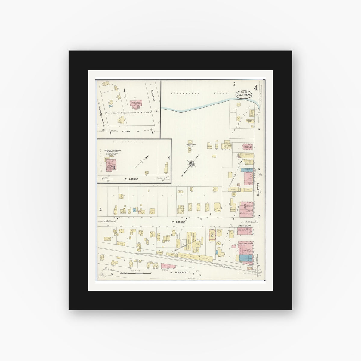 Old map wall art mockup — black gallery frame with white mat — Sanborn Fire Insurance Map from Belvidere, Boone County, Illinois (1912), Sheet #0004
