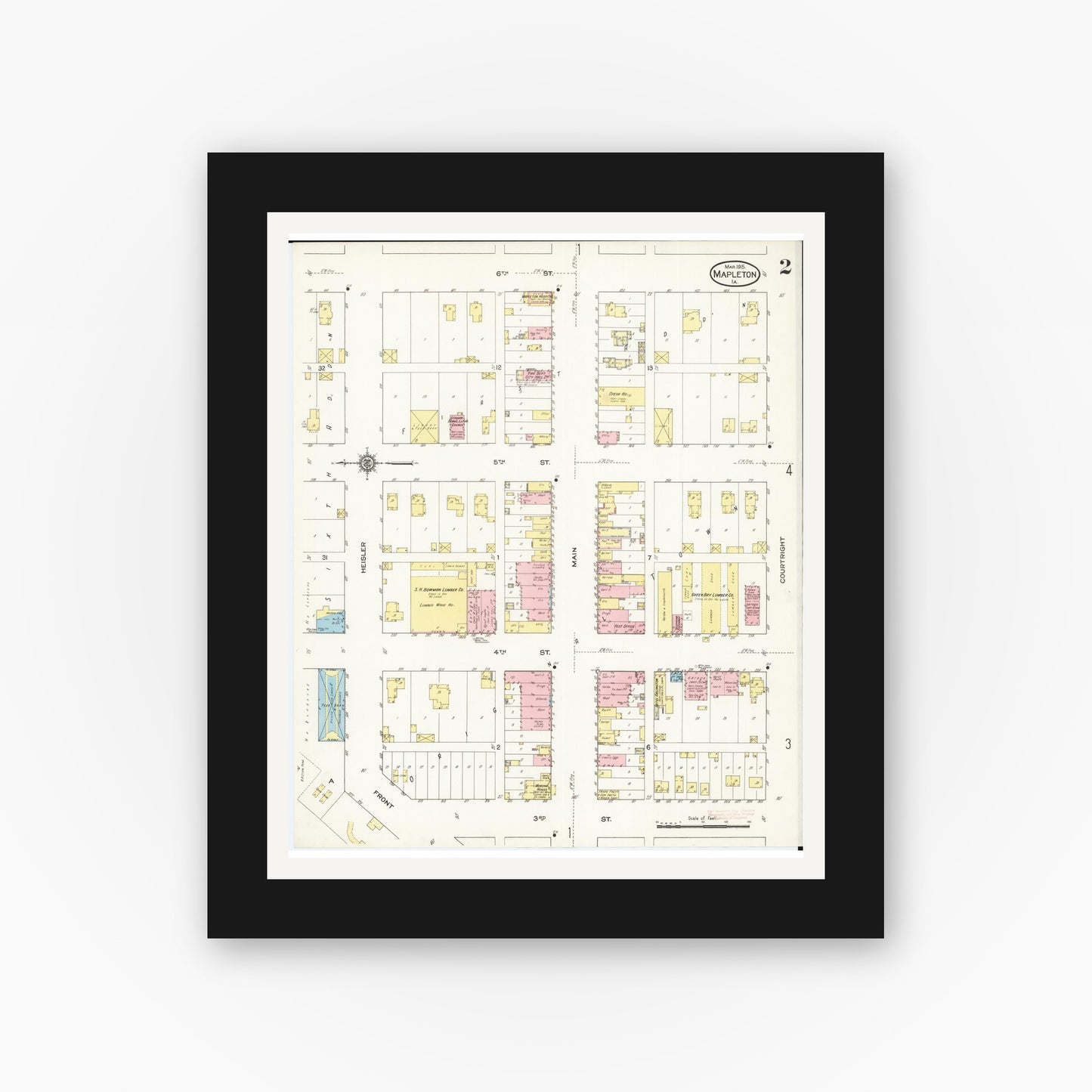 Old map wall art mockup — black gallery frame with white mat — Sanborn Fire Insurance Map from Mapleton, Monona County, Iowa (1915), Sheet #0002