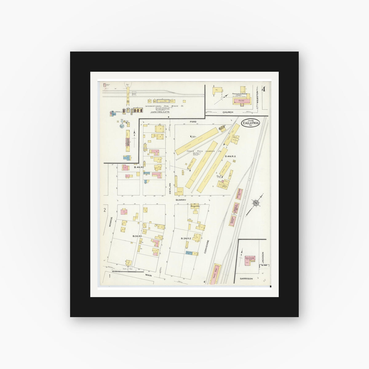 Old map wall art mockup — black gallery frame with white mat — Sanborn Fire Insurance Map from Eagle Pass, Maverick County, Texas (1910), Sheet #0004