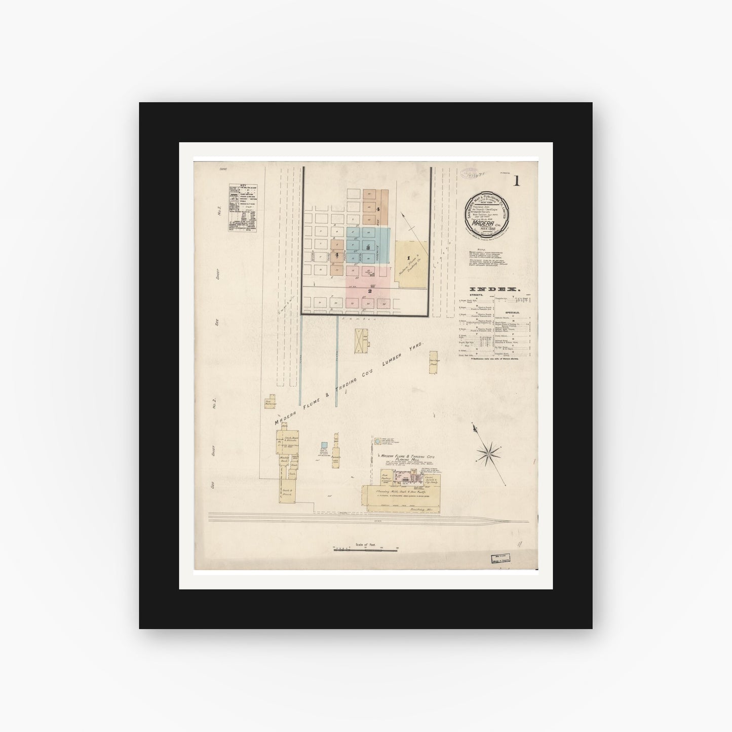 Old map wall art mockup — black gallery frame with white mat — Sanborn Fire Insurance Map from Madera, Madera County, California (1888) - Complete Map Set