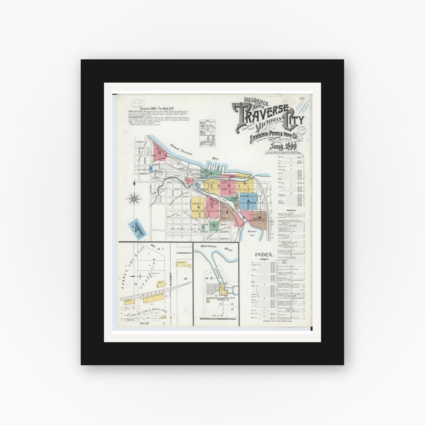 Old map wall art mockup — black gallery frame with white mat — Sanborn Fire Insurance Map from Traverse City, Grand Traverse County, Michigan (1899), Sheet #0001