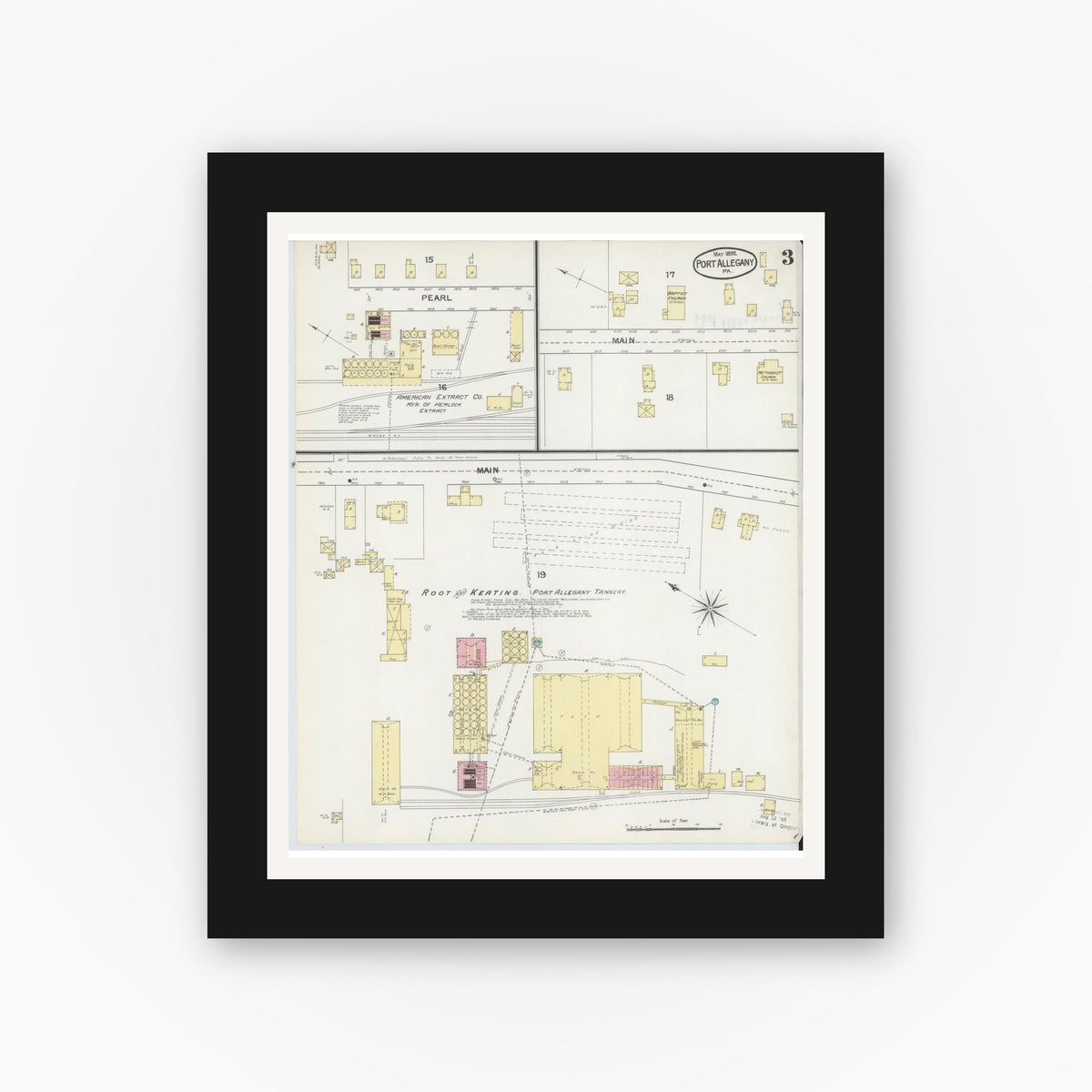 Old map wall art mockup — black gallery frame with white mat — Sanborn Fire Insurance Map from Port Allegany, McKean County, Pennsylvania (1892), Sheet #0003