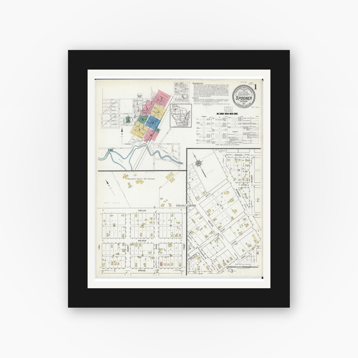 Old map wall art mockup — black gallery frame with white mat — Sanborn Fire Insurance Map from Spooner, Washburn County, Wisconsin (1917) - Complete Map Set