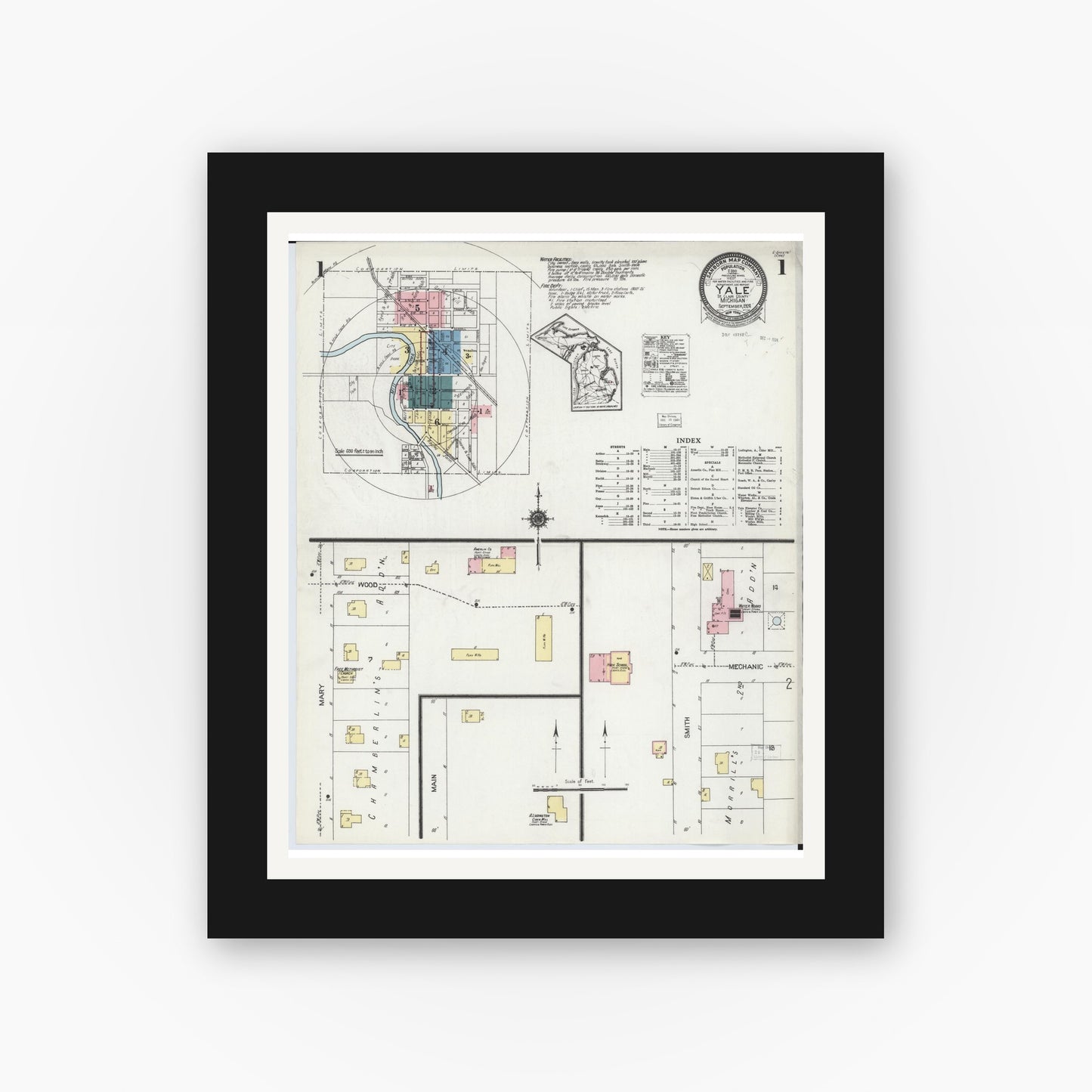 Old map wall art mockup — black gallery frame with white mat — Sanborn Fire Insurance Map from Yale, Saint Clair County, Michigan (1924) - Complete Map Set