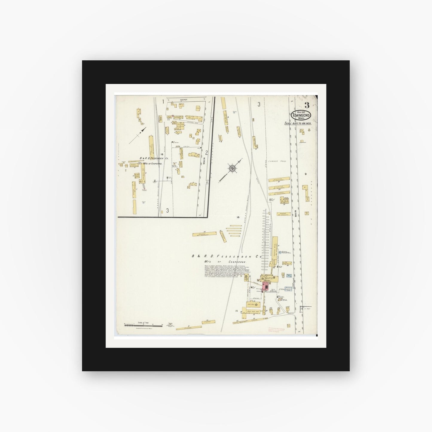 Old map wall art mockup — black gallery frame with white mat — Sanborn Fire Insurance Map from Townsend, Middlesex County, Massachusetts (1917), Sheet #0003