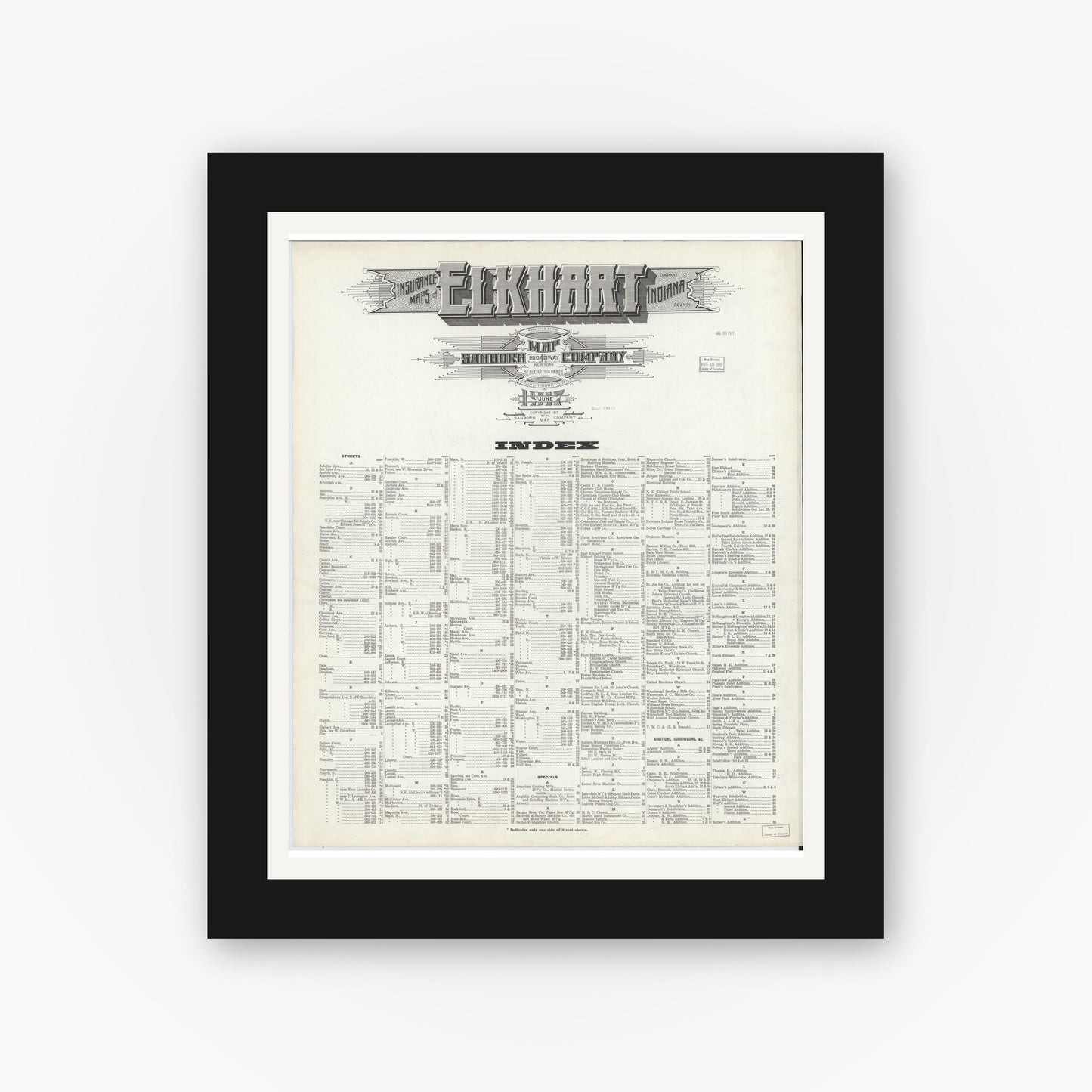 Old map wall art mockup — black gallery frame with white mat — Sanborn Fire Insurance Map from Elkhart, Elkhart County, Indiana (1917), Sheet #0001
