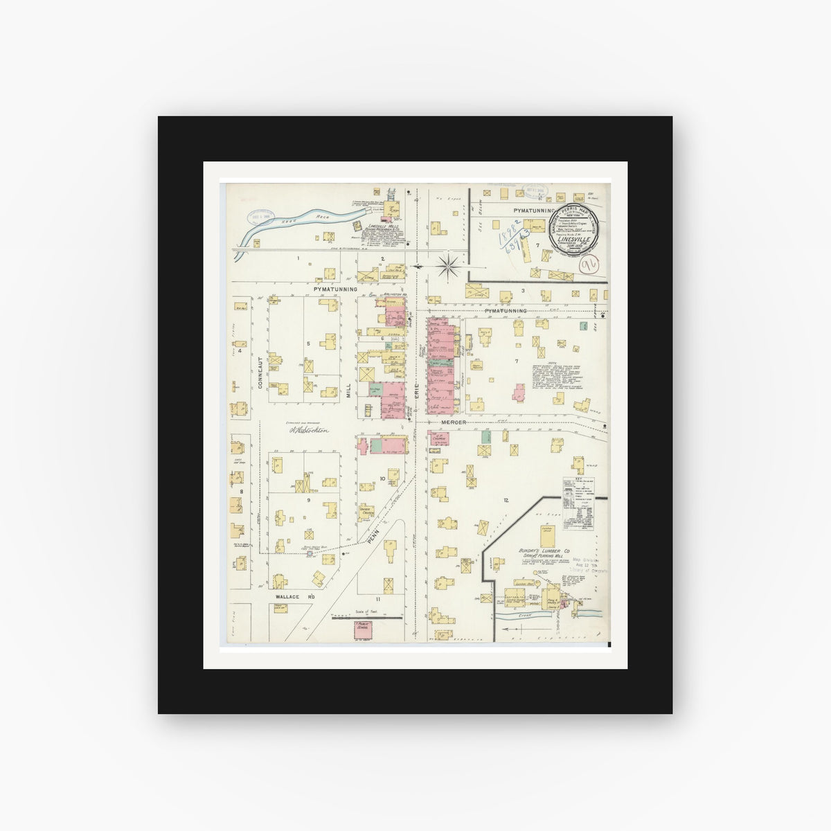 Old map wall art mockup — black gallery frame with white mat — Sanborn Fire Insurance Map from Linesville, Crawford County, Pennsylvania (1898), Sheet #0001