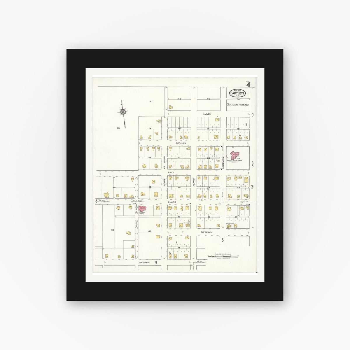 Old map wall art mockup — black gallery frame with white mat — Sanborn Fire Insurance Map from Bartlett, Bell and Williamson Counties, Texas (1921), Sheet #0004