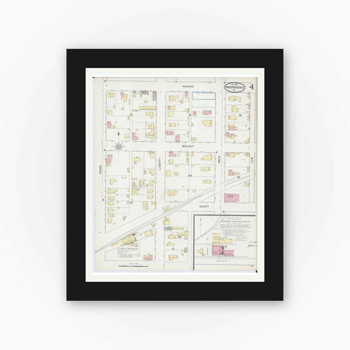 Old map wall art mockup — black gallery frame with white mat — Sanborn Fire Insurance Map from Independence, Jackson County, Missouri (1892), Sheet #0004