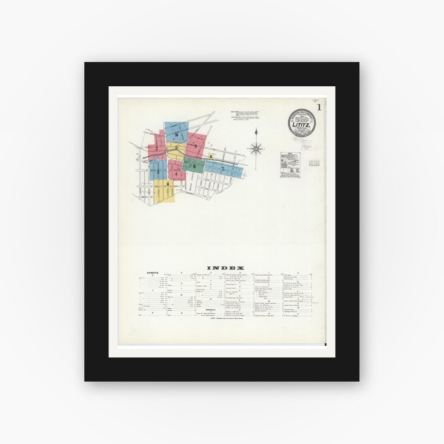 Old map wall art mockup — black gallery frame with white mat — Sanborn Fire Insurance Map from Lititz, Lancaster County, Pennsylvania (1904) - Complete Map Set
