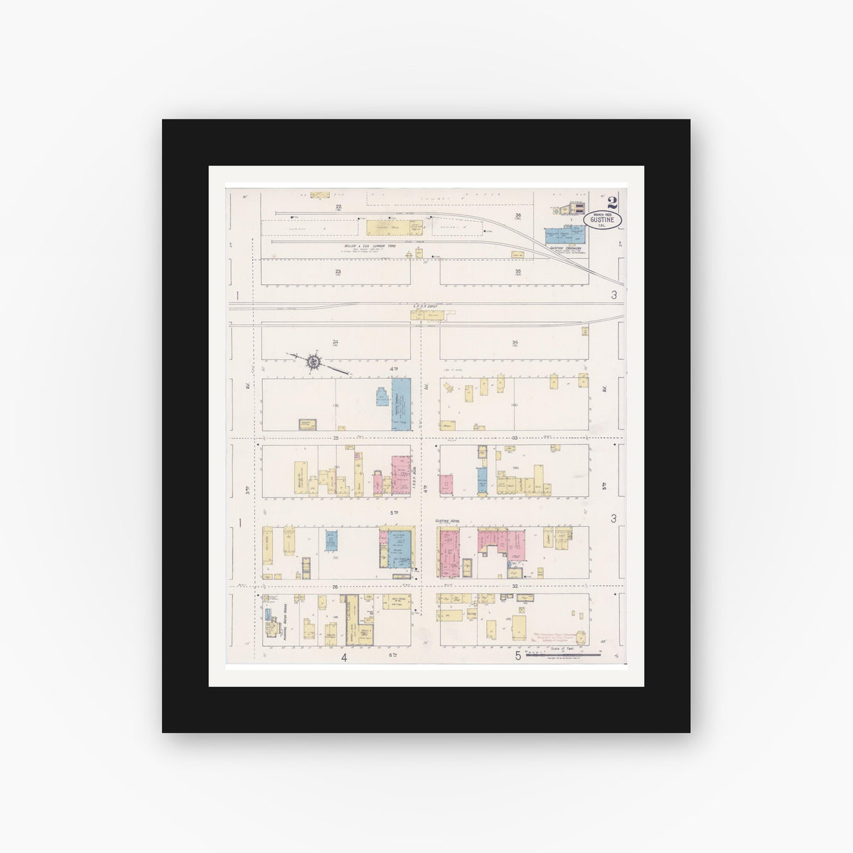 Old map wall art mockup — black gallery frame with white mat — Sanborn Fire Insurance Map from Gustine, Merced County, California (1920), Sheet #0002