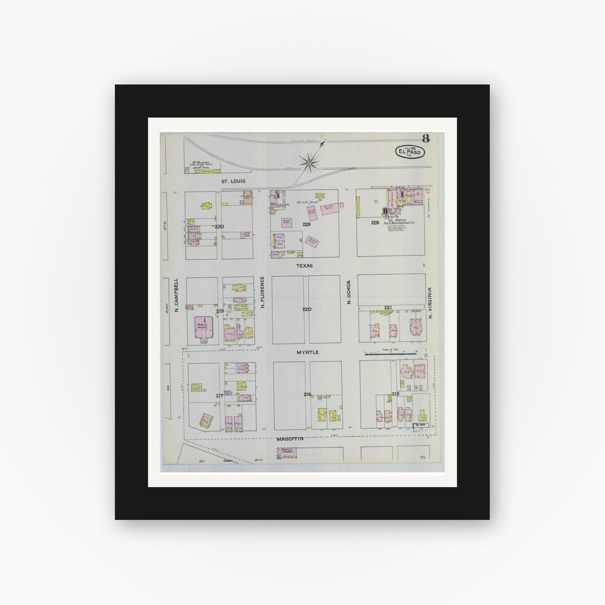Old map wall art mockup — black gallery frame with white mat — Sanborn Fire Insurance Map from El Paso, El Paso County, Texas (1888), Sheet #0008