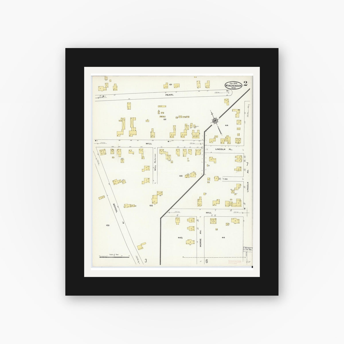 Old map wall art mockup — black gallery frame with white mat — Sanborn Fire Insurance Map from Winchendon, Worcester County, Massachusetts (1909), Sheet #0002
