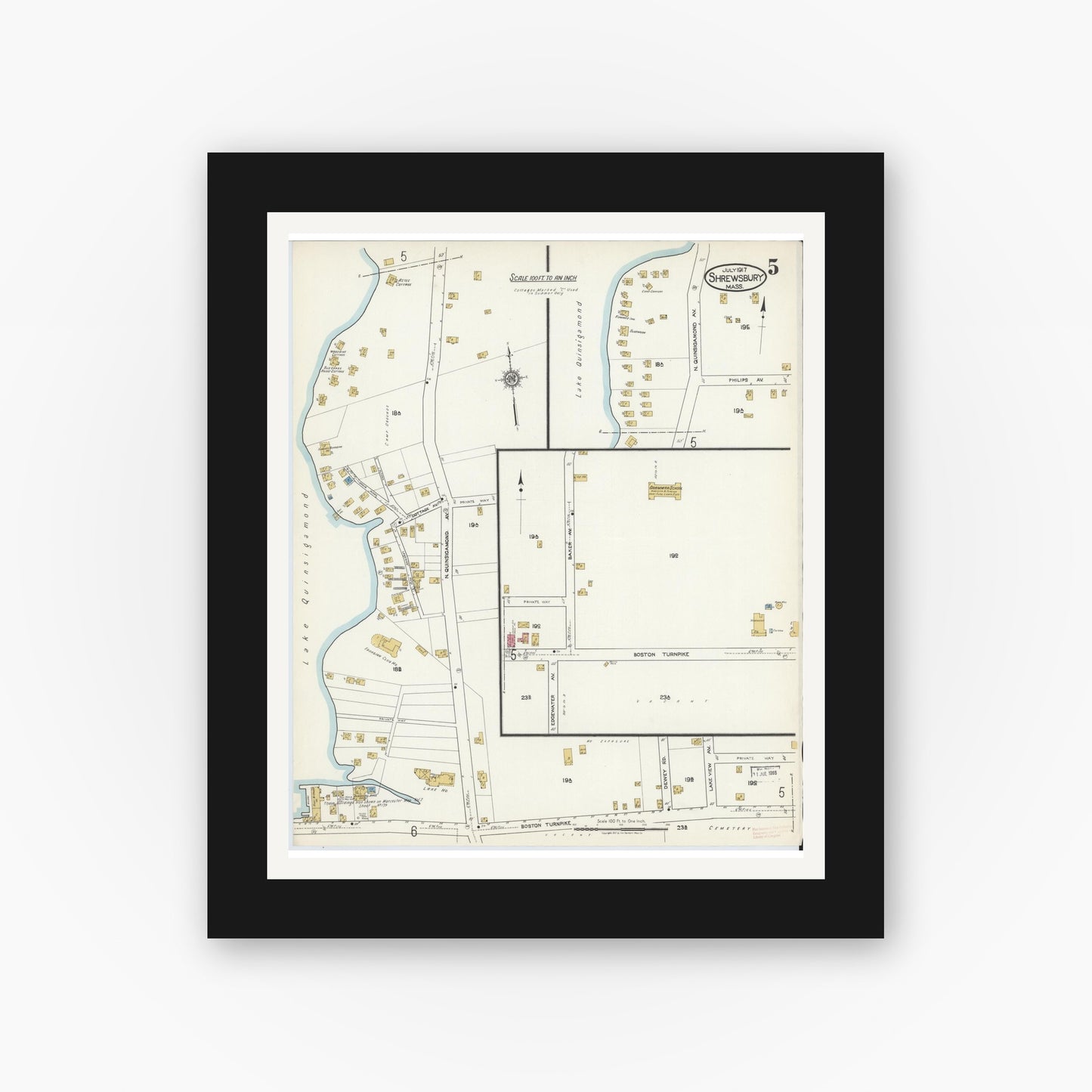 Old map wall art mockup — black gallery frame with white mat — Sanborn Fire Insurance Map from Shrewsbury, Worcester County, Massachusetts (1917), Sheet #0005