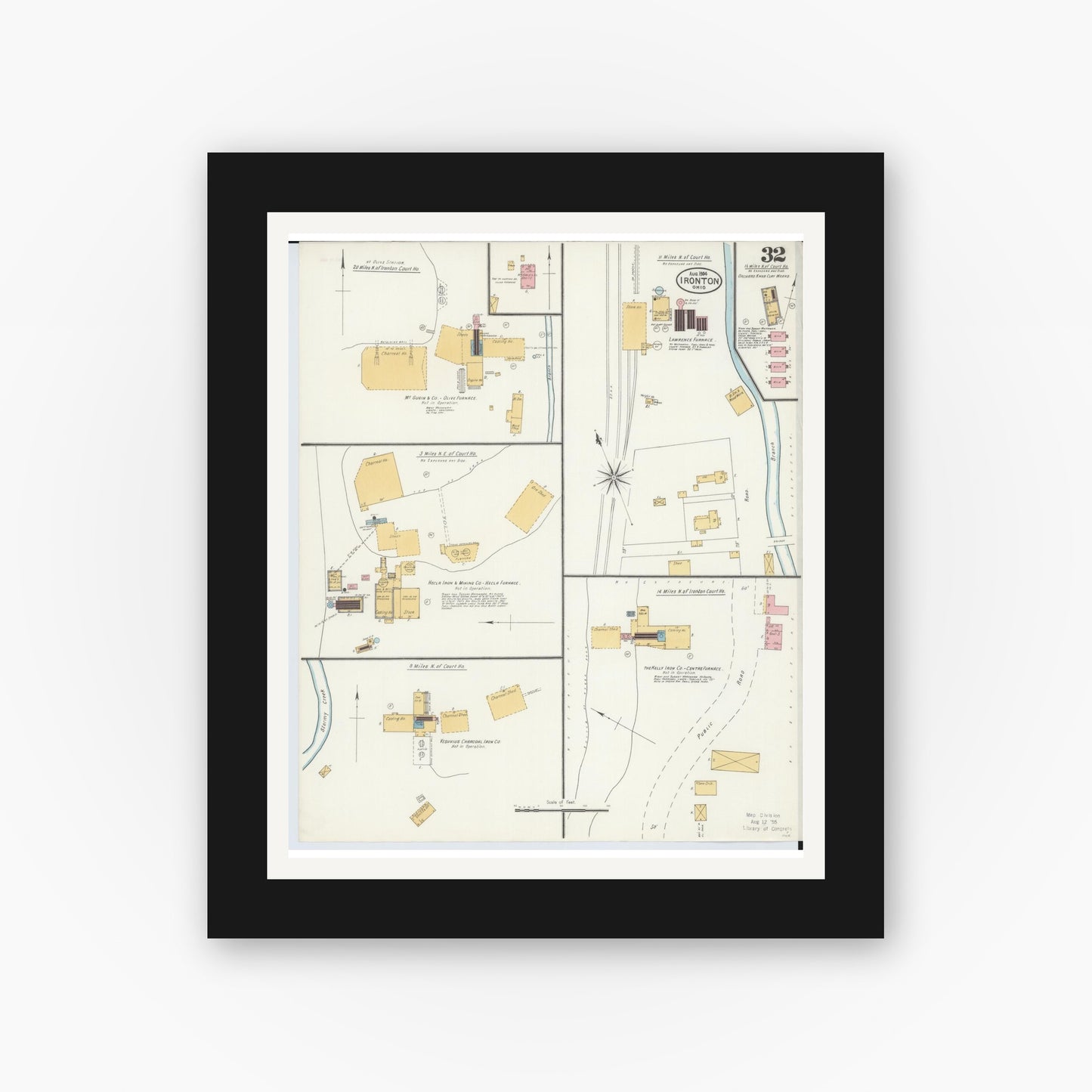 Old map wall art mockup — black gallery frame with white mat — Sanborn Fire Insurance Map from Ironton, Lawrence County, Ohio (1904), Sheet #0032
