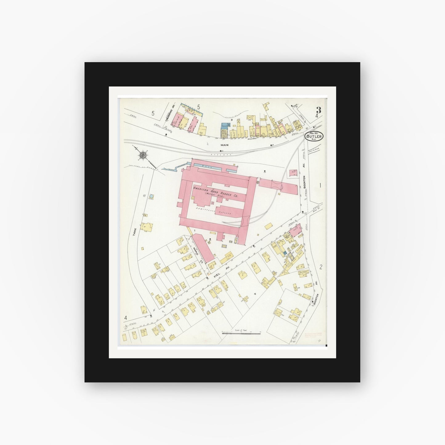Old map wall art mockup — black gallery frame with white mat — Sanborn Fire Insurance Map from Butler, Morris County, New Jersey (1911), Sheet #0003