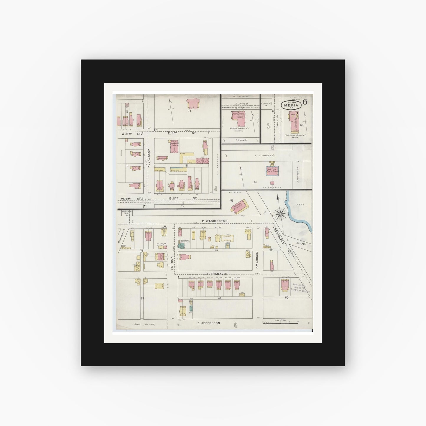 Old map wall art mockup — black gallery frame with white mat — Sanborn Fire Insurance Map from Media, Delaware County, Pennsylvania (1894), Sheet #0006