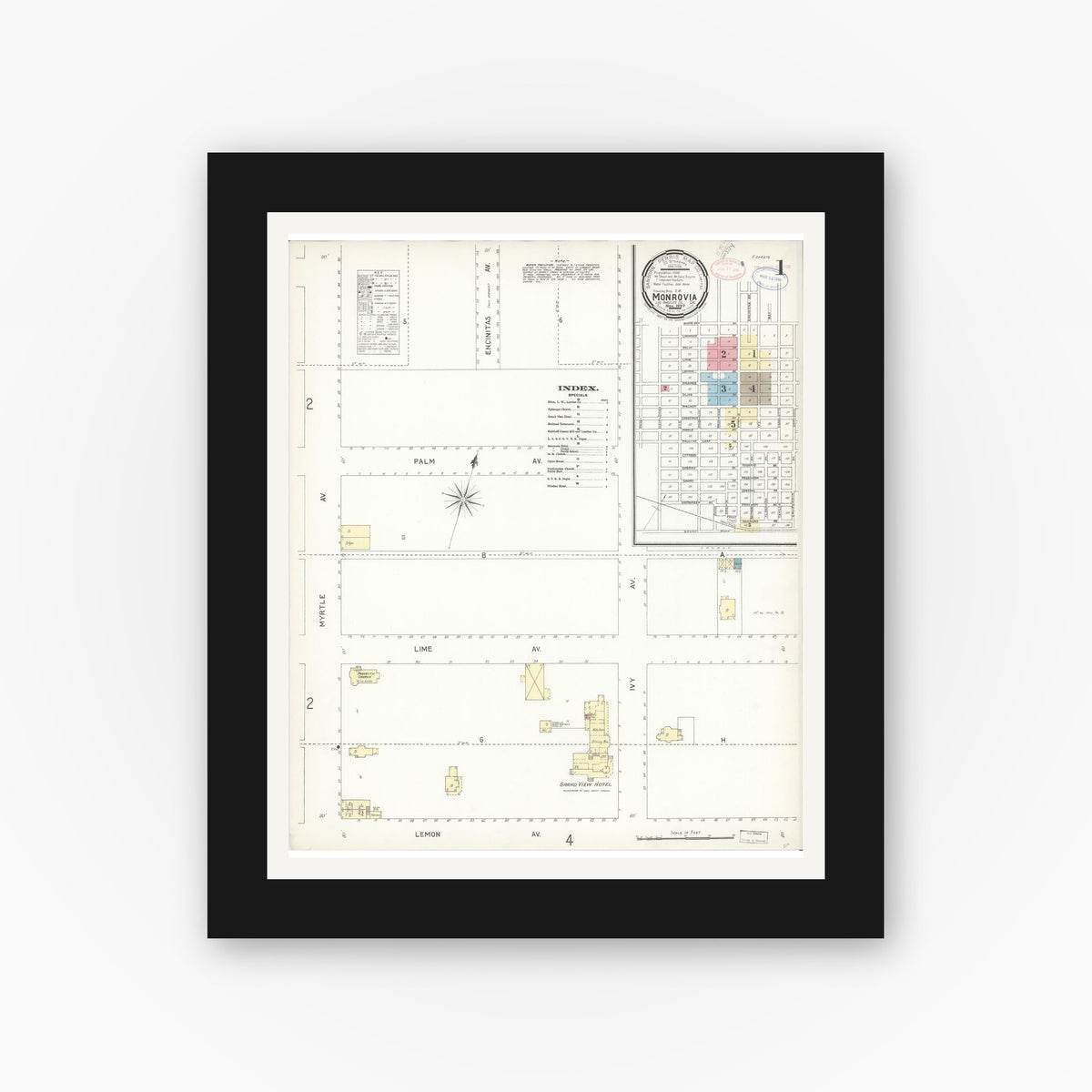 Old map wall art mockup — black gallery frame with white mat — Sanborn Fire Insurance Map from Monrovia, Los Angeles County, California (1897), Sheet #0001