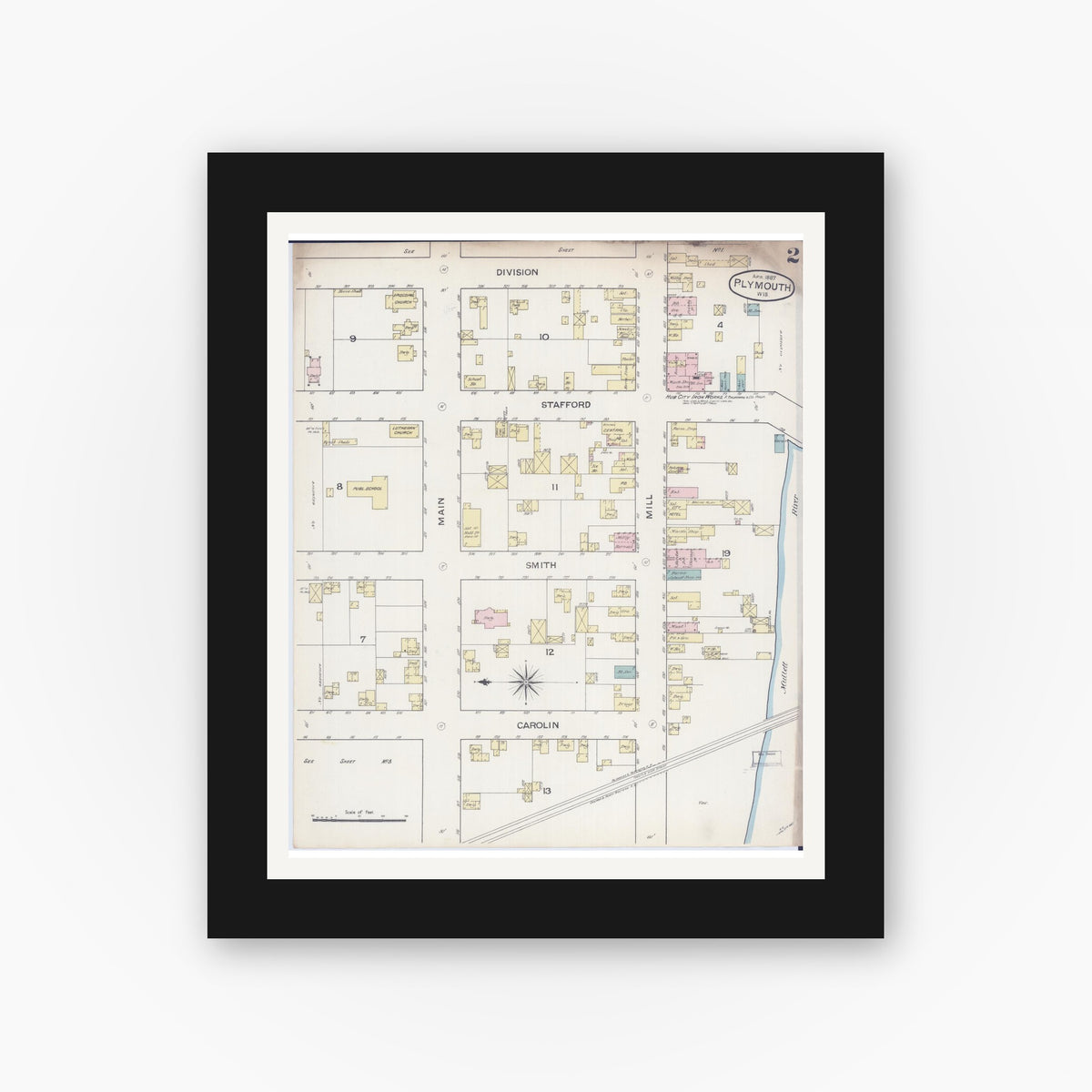 Old map wall art mockup — black gallery frame with white mat — Sanborn Fire Insurance Map from Plymouth, Sheboygan County, Wisconsin (1887), Sheet #0002