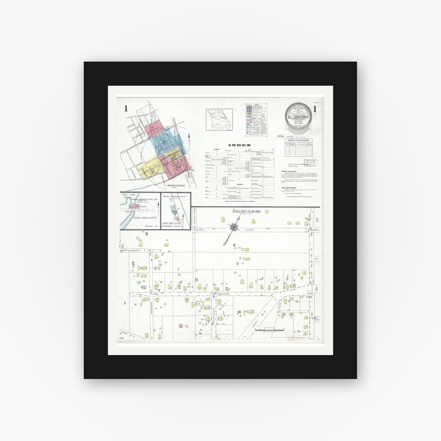 Old map wall art mockup — black gallery frame with white mat — Sanborn Fire Insurance Map from Elsberry, Lincoln County, Missouri (1940) - Complete Map Set