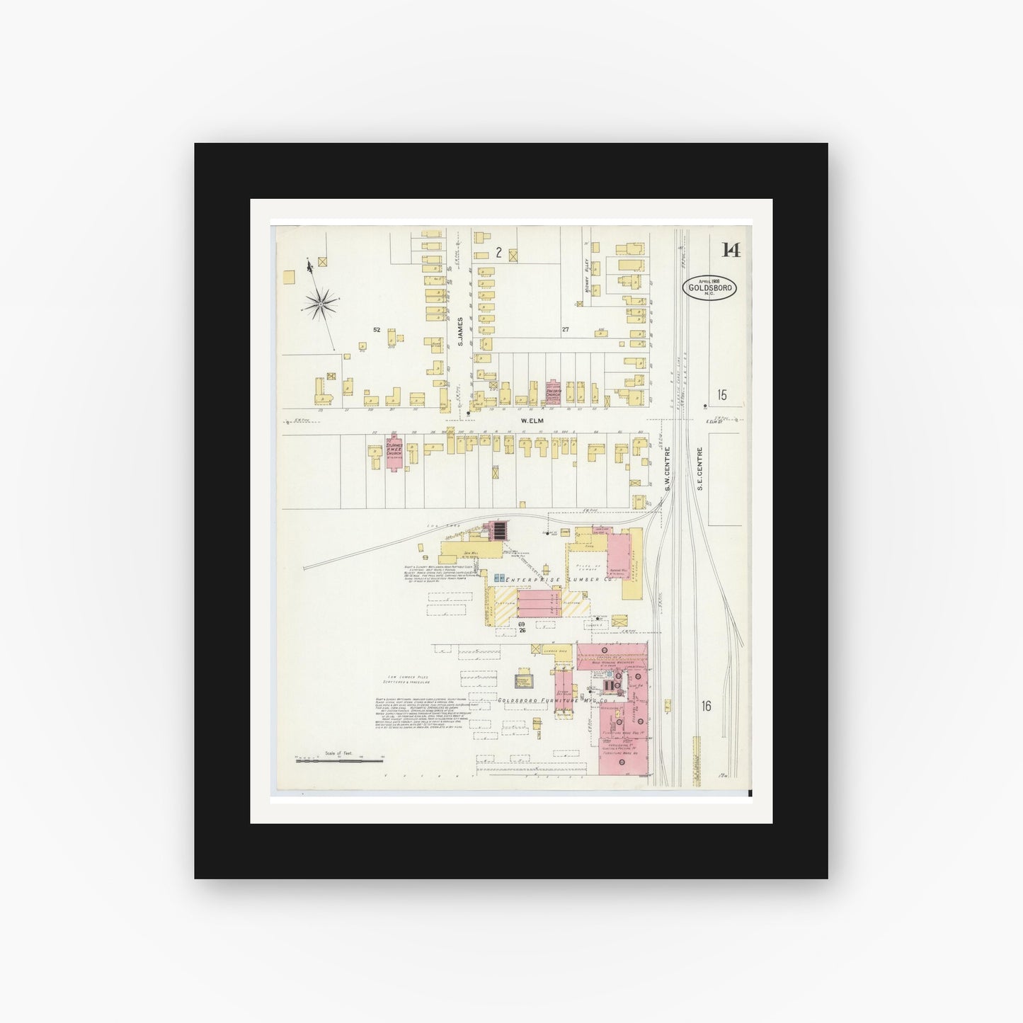 Old map wall art mockup — black gallery frame with white mat — Sanborn Fire Insurance Map from Goldsboro, Wayne County, North Carolina (1908), Sheet #0014