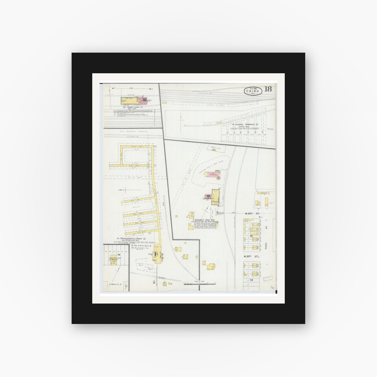 Old map wall art mockup — black gallery frame with white mat — Sanborn Fire Insurance Map from Cairo, Alexander County, Illinois (1896), Sheet #0018