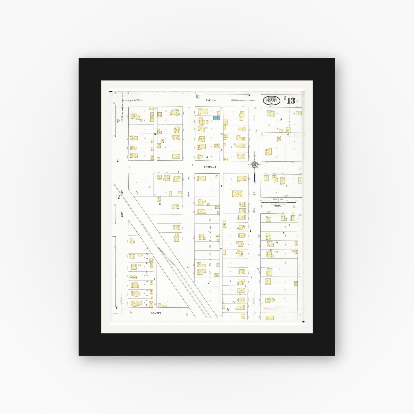 Old map wall art mockup β black gallery frame with white mat β Sanborn Fire Insurance Map from Perry, Dallas County, Iowa (1918), Sheet #0013