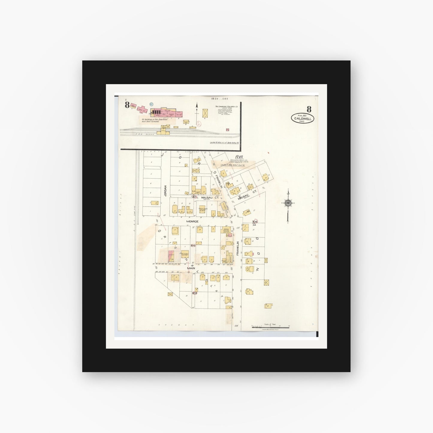 Old map wall art mockup — black gallery frame with white mat — Sanborn Fire Insurance Map from Caldwell, Noble County, Ohio (1932), Sheet #0008