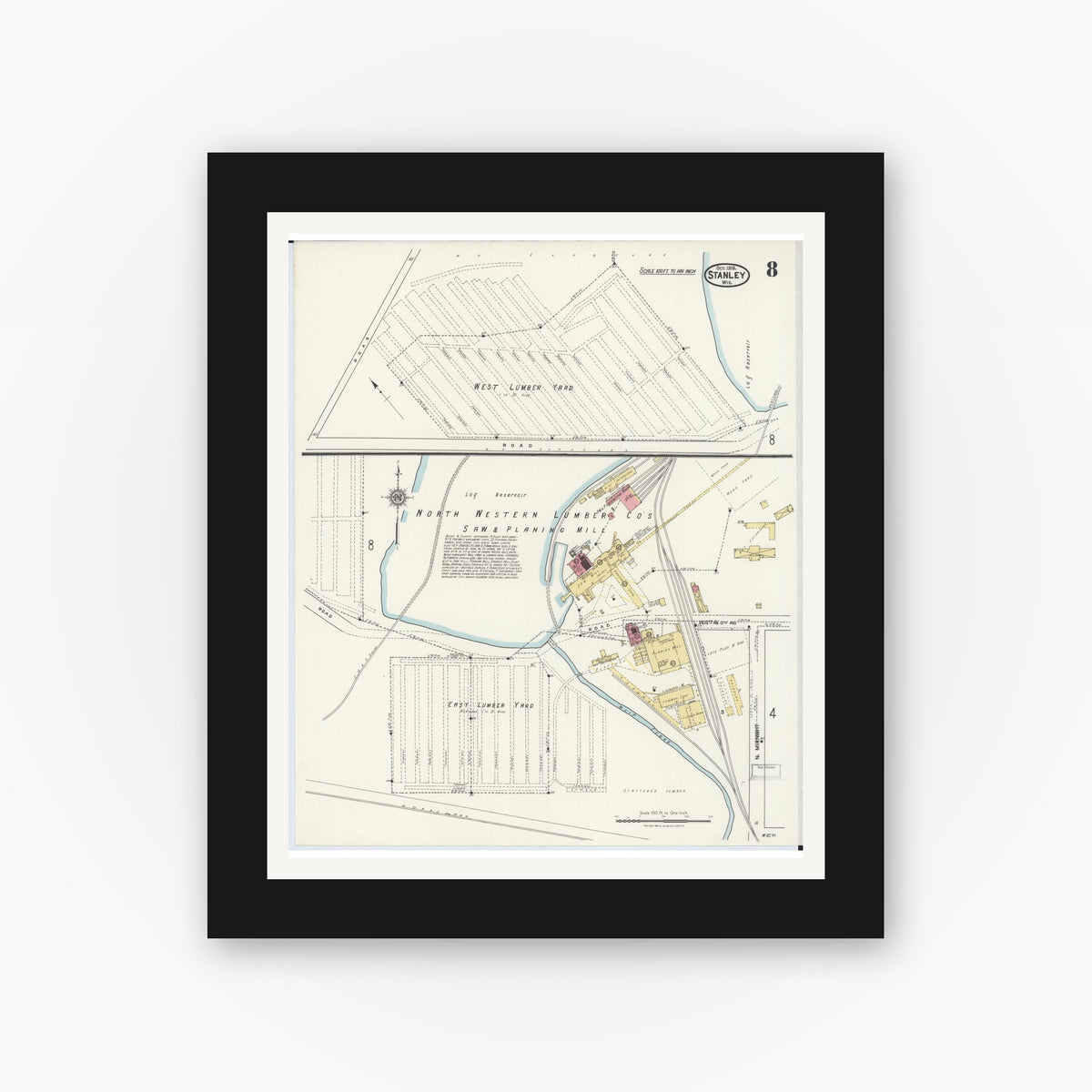 Old map wall art mockup — black gallery frame with white mat — Sanborn Fire Insurance Map from Stanley, Chippewa County, Wisconsin (1919), Sheet #0008
