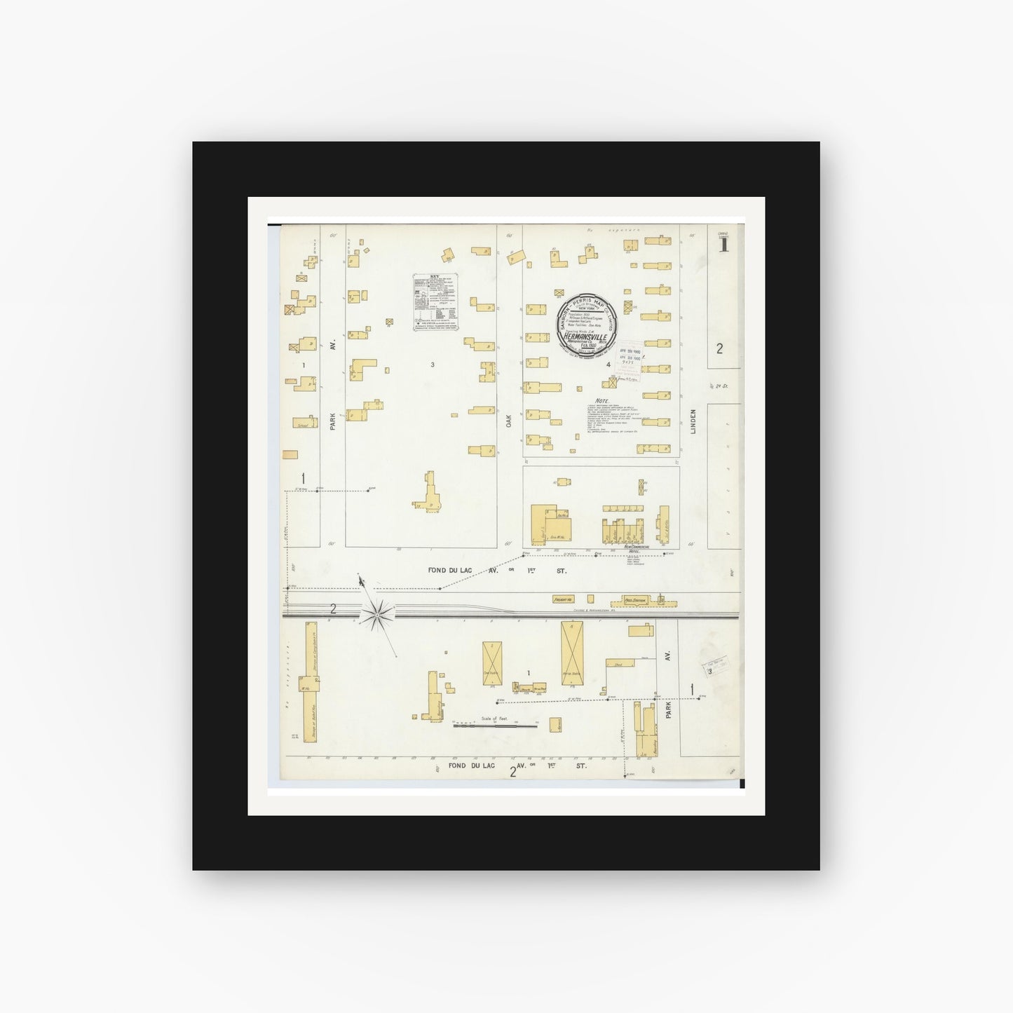 Old map wall art mockup — black gallery frame with white mat — Sanborn Fire Insurance Map from Hermansville, Menominee County, Michigan (1900) - Complete Map Set