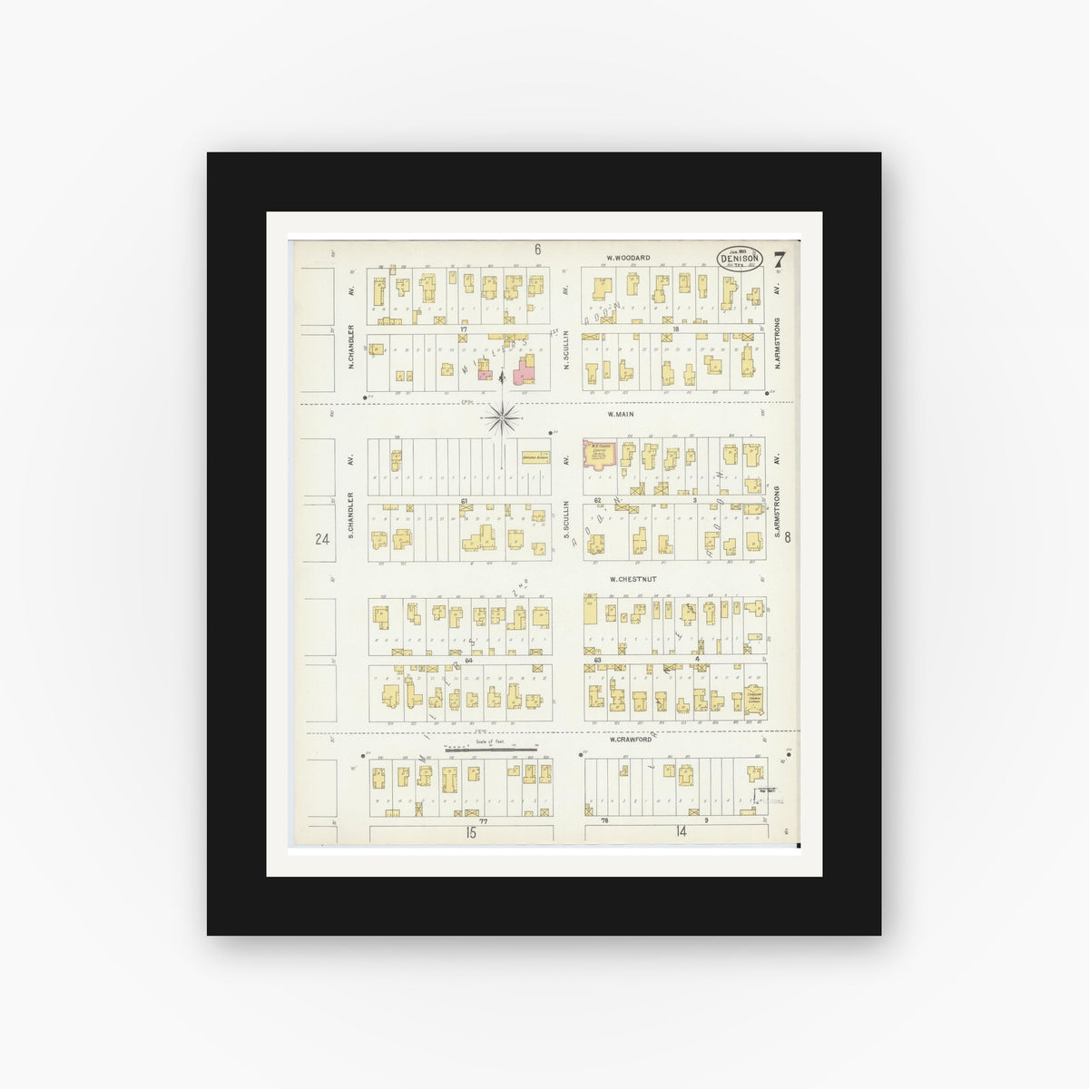 Old map wall art mockup — black gallery frame with white mat — Sanborn Fire Insurance Map from Denison, Grayson County, Texas (1903), Sheet #0007