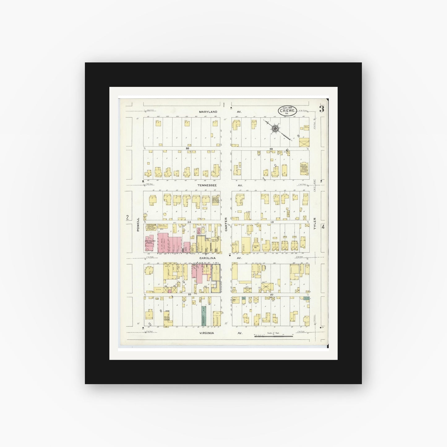 Old map wall art mockup — black gallery frame with white mat — Sanborn Fire Insurance Map from Crewe, Nottoway County, Virginia (1909), Sheet #0003