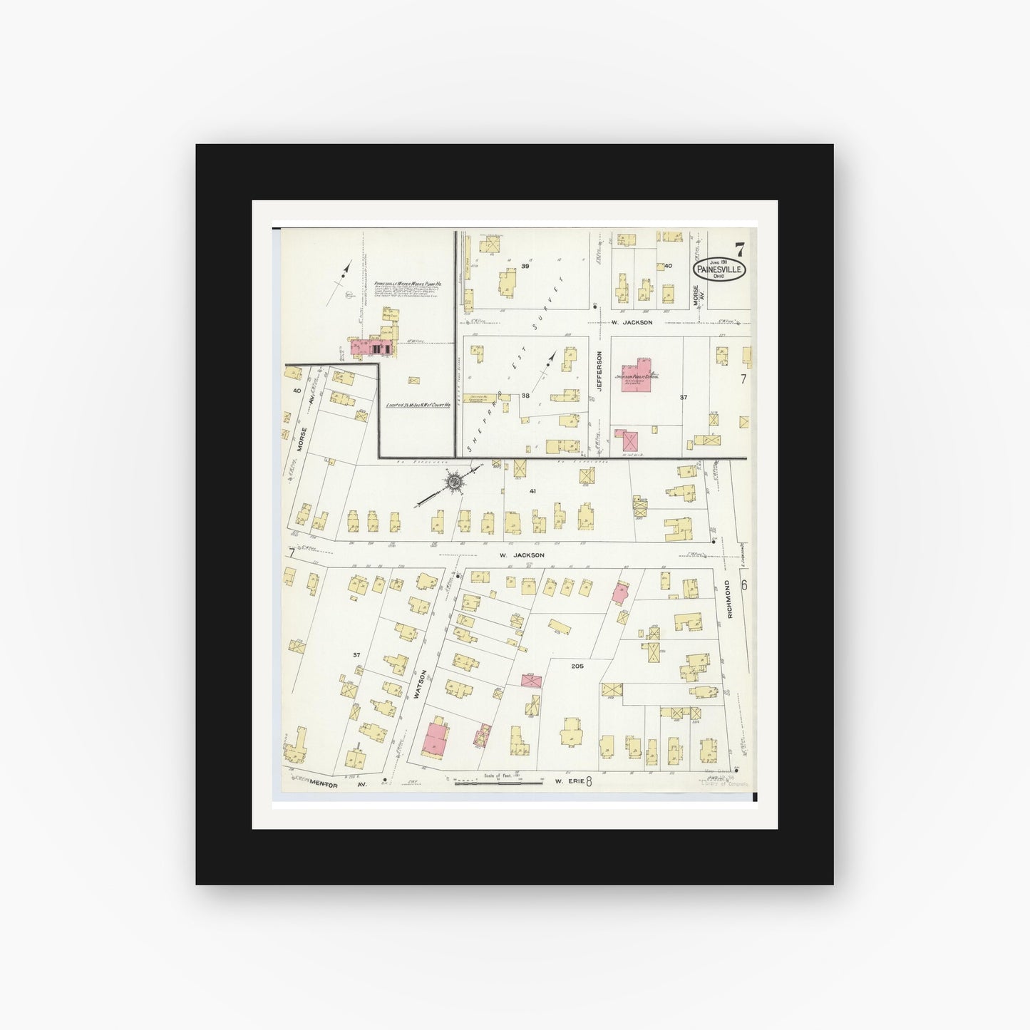 Old map wall art mockup — black gallery frame with white mat — Sanborn Fire Insurance Map from Painesville, Lake County, Ohio (1911), Sheet #0007