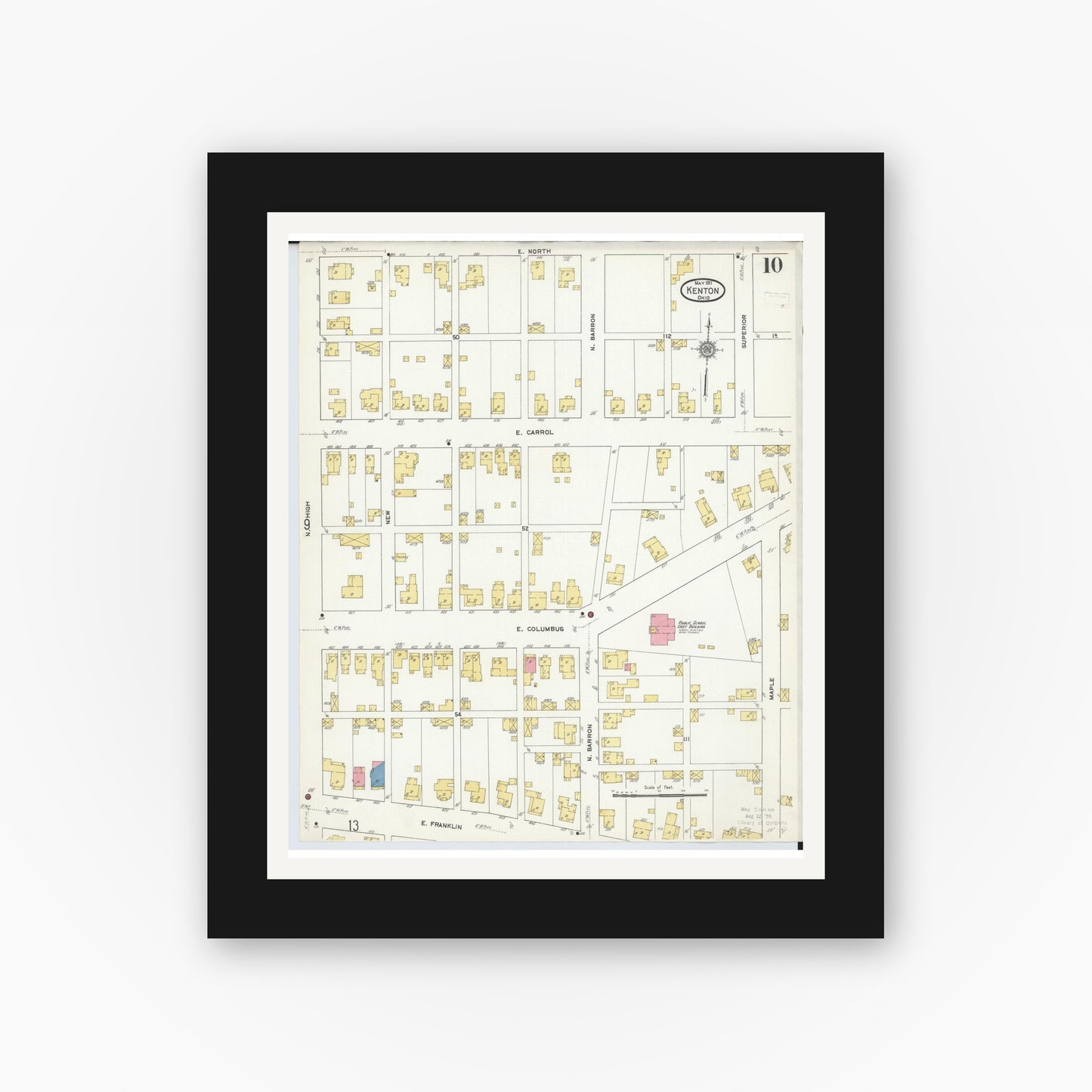 Old map wall art mockup — black gallery frame with white mat — Sanborn Fire Insurance Map from Kenton, Hardin County, Ohio (1911), Sheet #0010