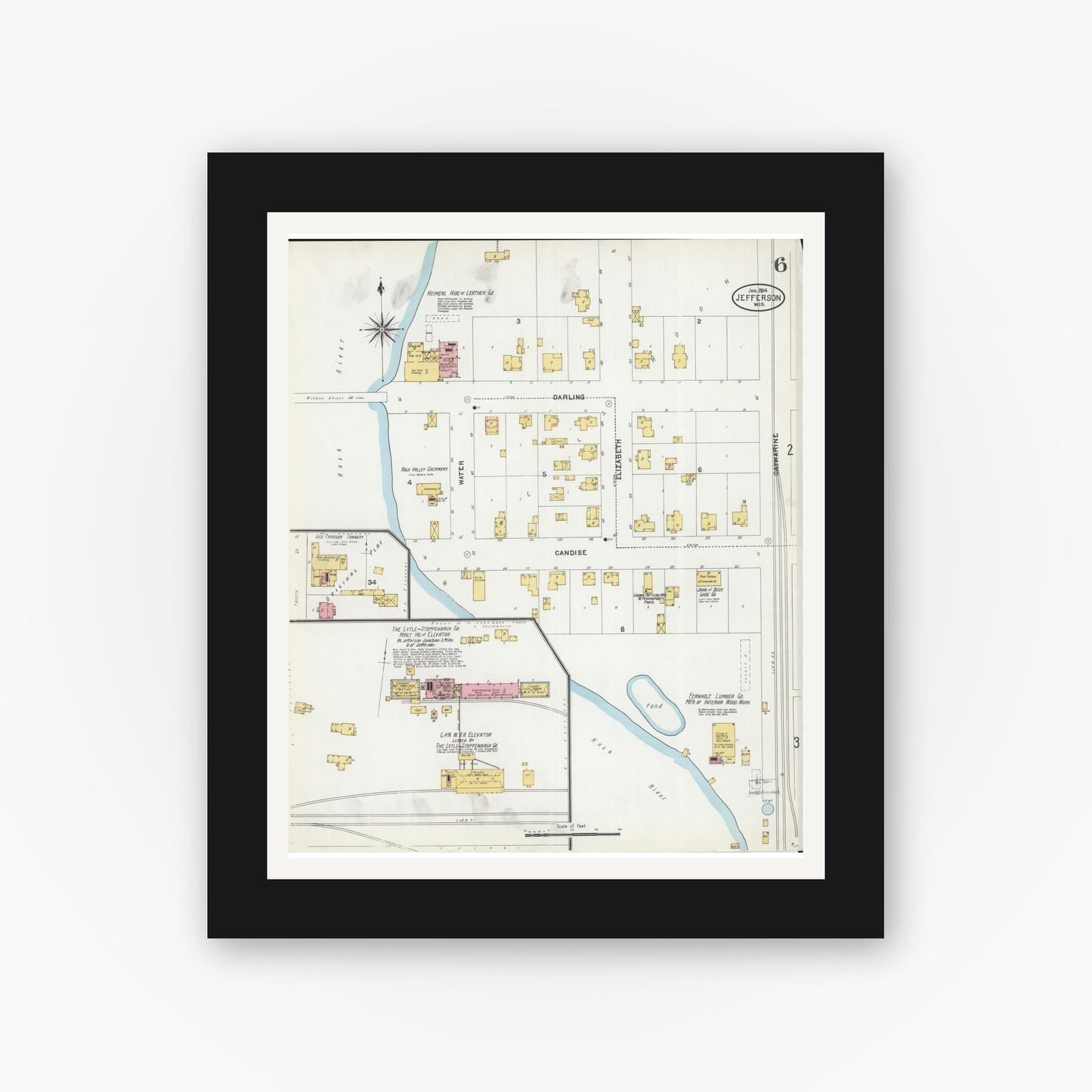 Old map wall art mockup — black gallery frame with white mat — Sanborn Fire Insurance Map from Jefferson, Jefferson County, Wisconsin (1904), Sheet #0006