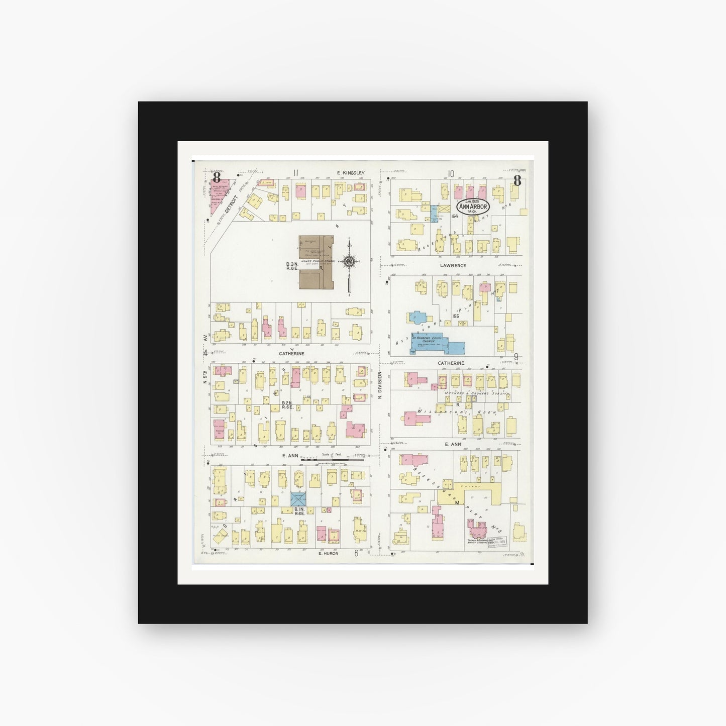 Old map wall art mockup — black gallery frame with white mat — Sanborn Fire Insurance Map from Ann Arbor, Washtenaw County, Michigan (1925), Sheet #0008